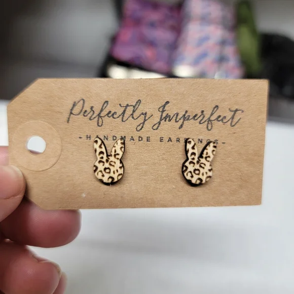 Perfectly Imperfect Handmade Clay Leopard Print Bunny Earrings - Picture 1 of 1